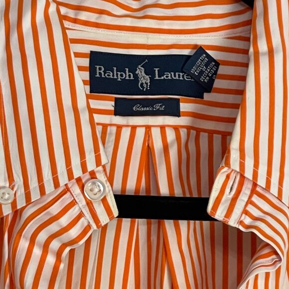 Ralph Lauren Mens Classic Fit Orange/White Striped Long-Sleeve Shirt size XLarge - Picture 3 of 6